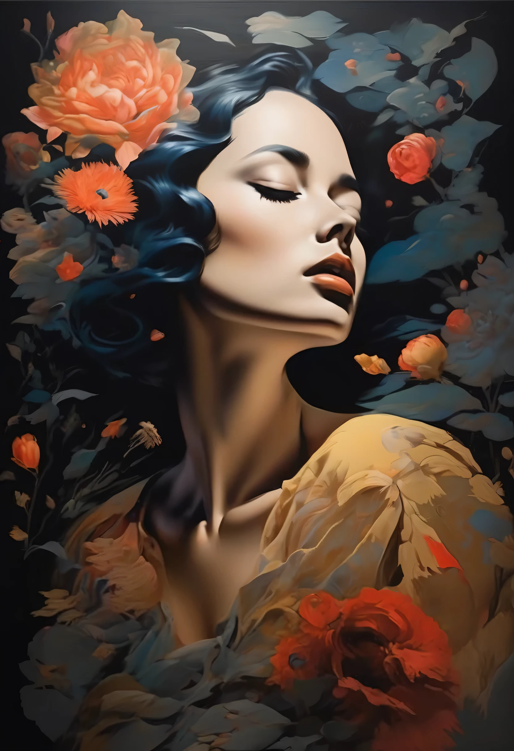 (Sensual illustration chiaroscuro:1.4), Illustration art, By Irina Kapi. Surrealism, Vintage Abstraction, Painting of a happy woman holding a wine glass, Super detailed、Drunk woman, Highest quality, masterpiece, Painting, Concept Art, Emotional, Atmospheric, Romantic aesthetics, Represents transformation and the ability to see beyond the surface、Ultra high definition、(deep, Delicate colors) paint (draw) 、The highest masterpiece、Highest quality、
