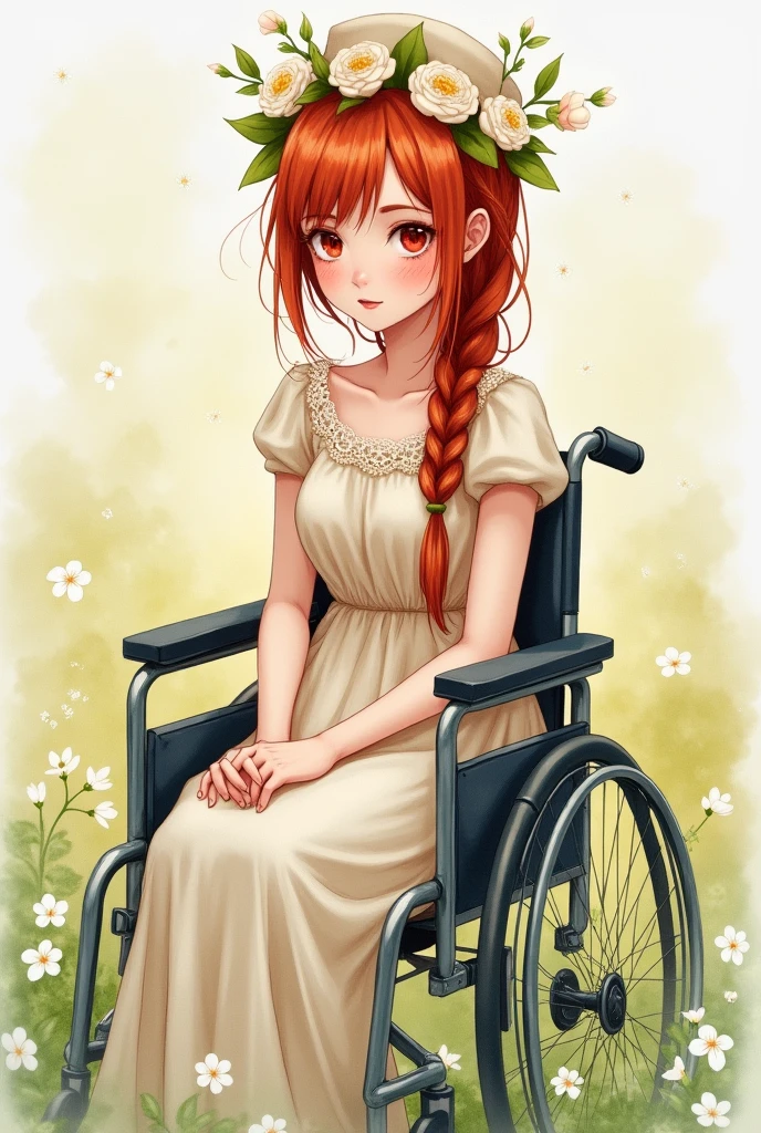 Watercolor drawing of a red-haired teenager with waist-length braided hair, with lace dress and beret. sweet face, red pupils and a crown of white flowers in a wheelchair