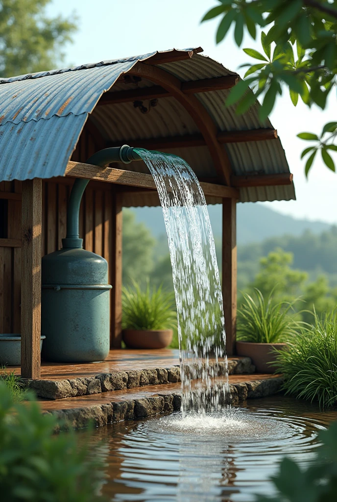 Harvesting Rain water from a tin shade house which is loacated in rural coastal area.
Tha rain water harvest from the curve shaped tin roof of the house.then the water go to a box through a filter. Then there is a collcetor from the box.