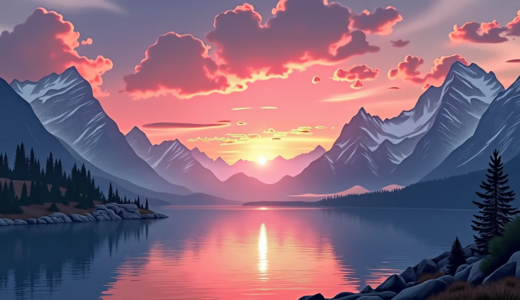 sunset over the mountains and lac