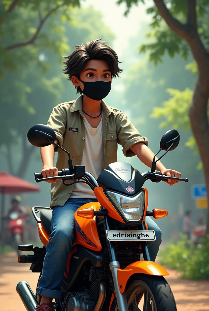 lanka city park background, and 20 years old boy wearing Casual shirt with black mask, medim beautiful hair,sitting on orange Color motorcycle  of front, with name "Edrisinghe" write on number plate, 3d art painting realistic photo