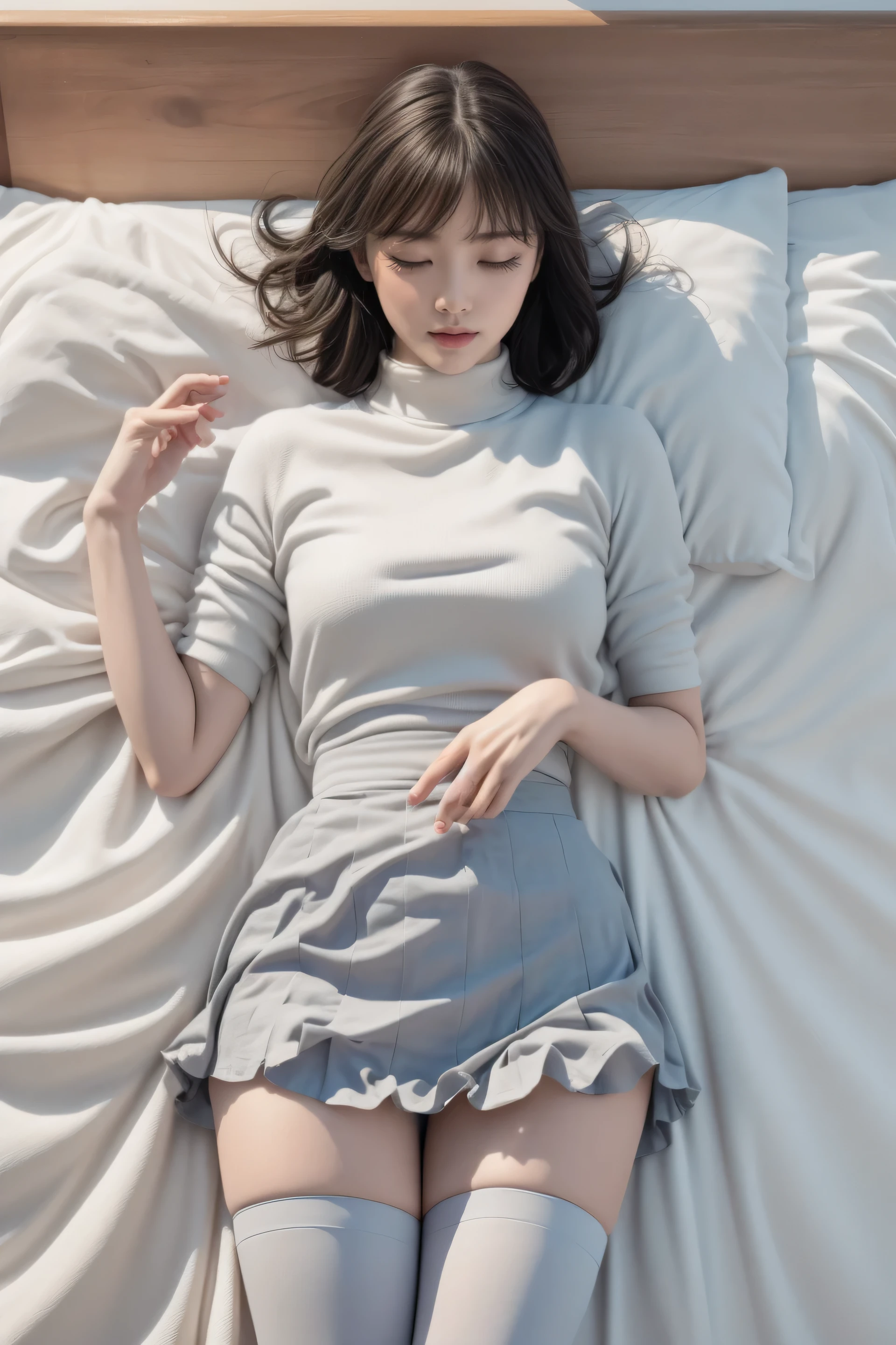 ((Lying in bed))、Mature Woman、Light blue hair、((Light grey hair))、(((Two-tone hair)))、Black taupe dress with delicate light blue decoration、Slender women、Cute Woman、 8K Ultra HD,Detailed face、Delicate texture, Long Hair、(((Blunt bangs)))、(((Drill Hair)))、Tutu skirt、Thigh-length tights、short boots、((Oriental router))、mini skirt、A room in a Western-style building、((Delicate photo)),(Girl Astepeace RAW Photo Details:1.25), (Highest quality:1.6), (Ultra-high resolution:1.5), (Realistic:1.75), 8k resolution, Canon EOS R5, 50mm, Absurd, Very detailed,Cinema Lighting、((stuffed toy:1.3))、Browsing Caution:1.5(Full Body Shot)、(Eyes closed),