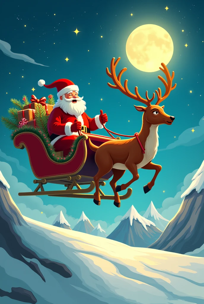 Santa Claus on the sleigh, but the reindeer can't bear the weight(the weight of Santa Claus)