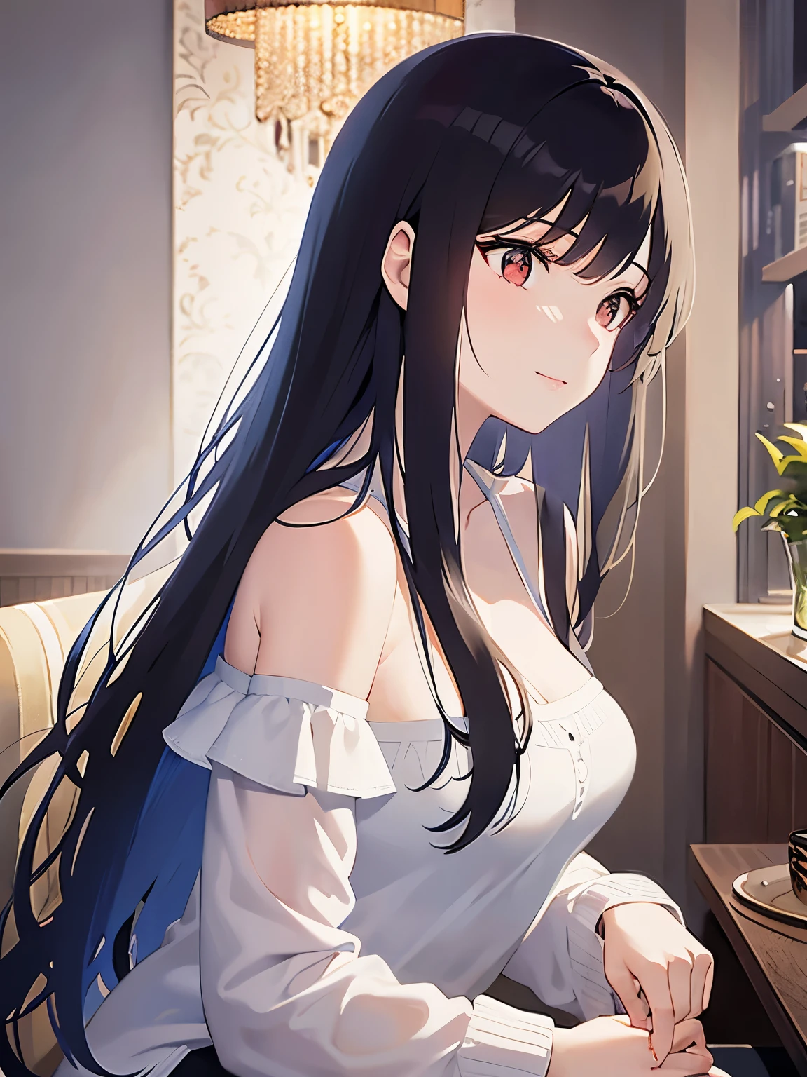 side angle, (looking away:1.5), Upper Body, Realistic, real person, (pale skin: 1.2), RAW photo, photorealistic, shiny skin, shiny hair、(A 2 woman with medium-length hair and bangs) and (wavy hair) and (brown hair) and (orange eyes), (white) and (off shoulder blouse) 、Cleavage、smile, The background is the living room、Alone、Are standing