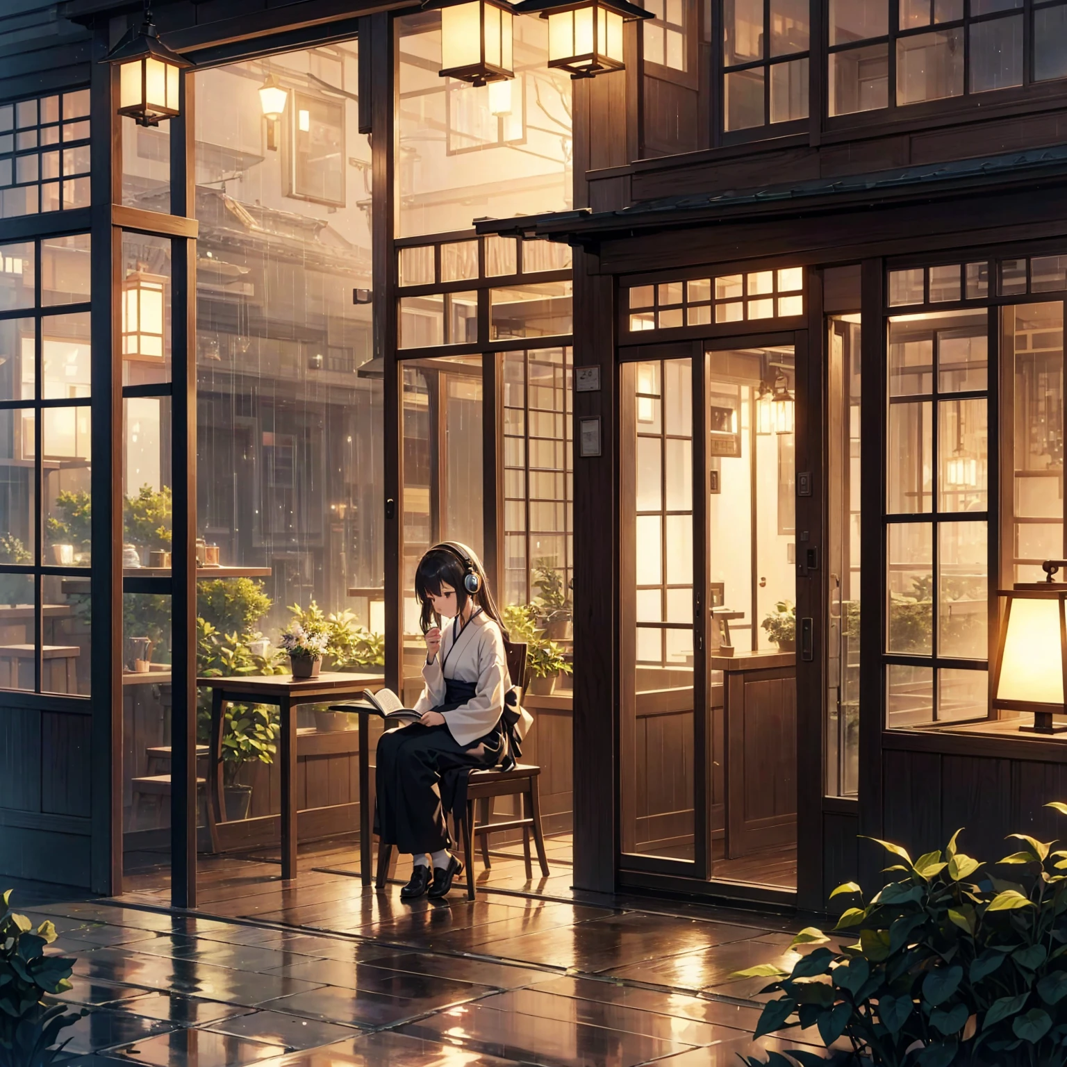 Describe a cozy little cafe seen from the outside at night, with soft lights and a peaceful atmosphere. In the background, a young japanese woman is sitting by the window, listening to lofi music with you full of light over ear headphones, while drinking a coffee and reading a book. Gentle rain falls outside, the drops hitting the windows creating a feeling of peace and relaxation. A cozy café glows softly at night, exuding a peaceful atmosphere. A young Japanese woman sits by the window, immersed in lofi music through her bright headphones, sipping coffee while reading a book. Gentle rain taps against the glass, enhancing the calming ambiance. -niji 6 --aspect 1:1 --stylize 1536x1536--quality 1 --chaos 0y Greg Rutkowski,