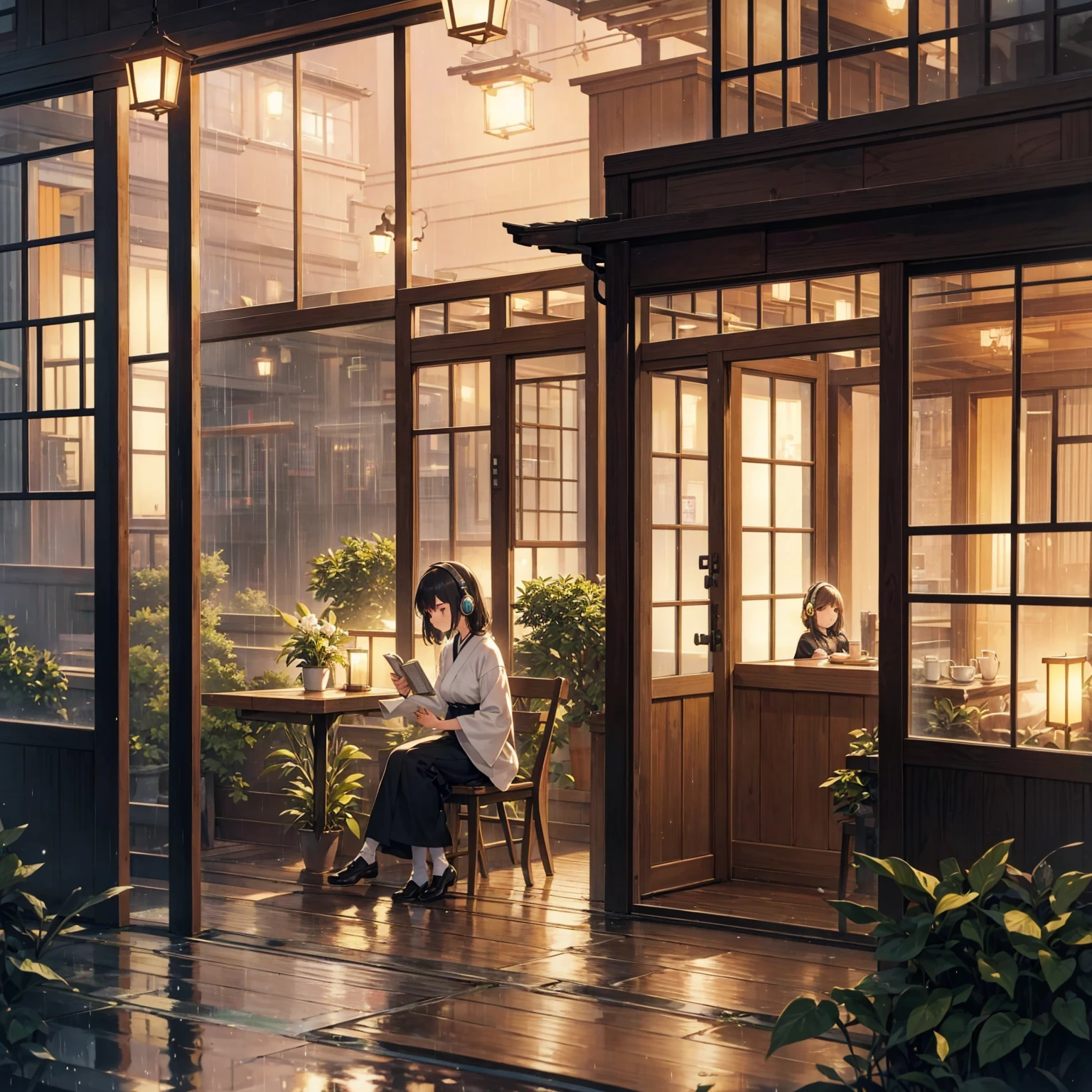 Describe a cozy little cafe seen from the outside at night, with soft lights and a peaceful atmosphere. In the background, a young japanese woman is sitting by the window, listening to lofi music with you full of light over ear headphones, while drinking a coffee and reading a book. Gentle rain falls outside, the drops hitting the windows creating a feeling of peace and relaxation. A cozy café glows softly at night, exuding a peaceful atmosphere. A young Japanese woman sits by the window, immersed in lofi music through her bright headphones, sipping coffee while reading a book. Gentle rain taps against the glass, enhancing the calming ambiance. -niji 6 --aspect 1:1 --stylize 1536x1536--quality 1 --chaos 0y Greg Rutkowski,