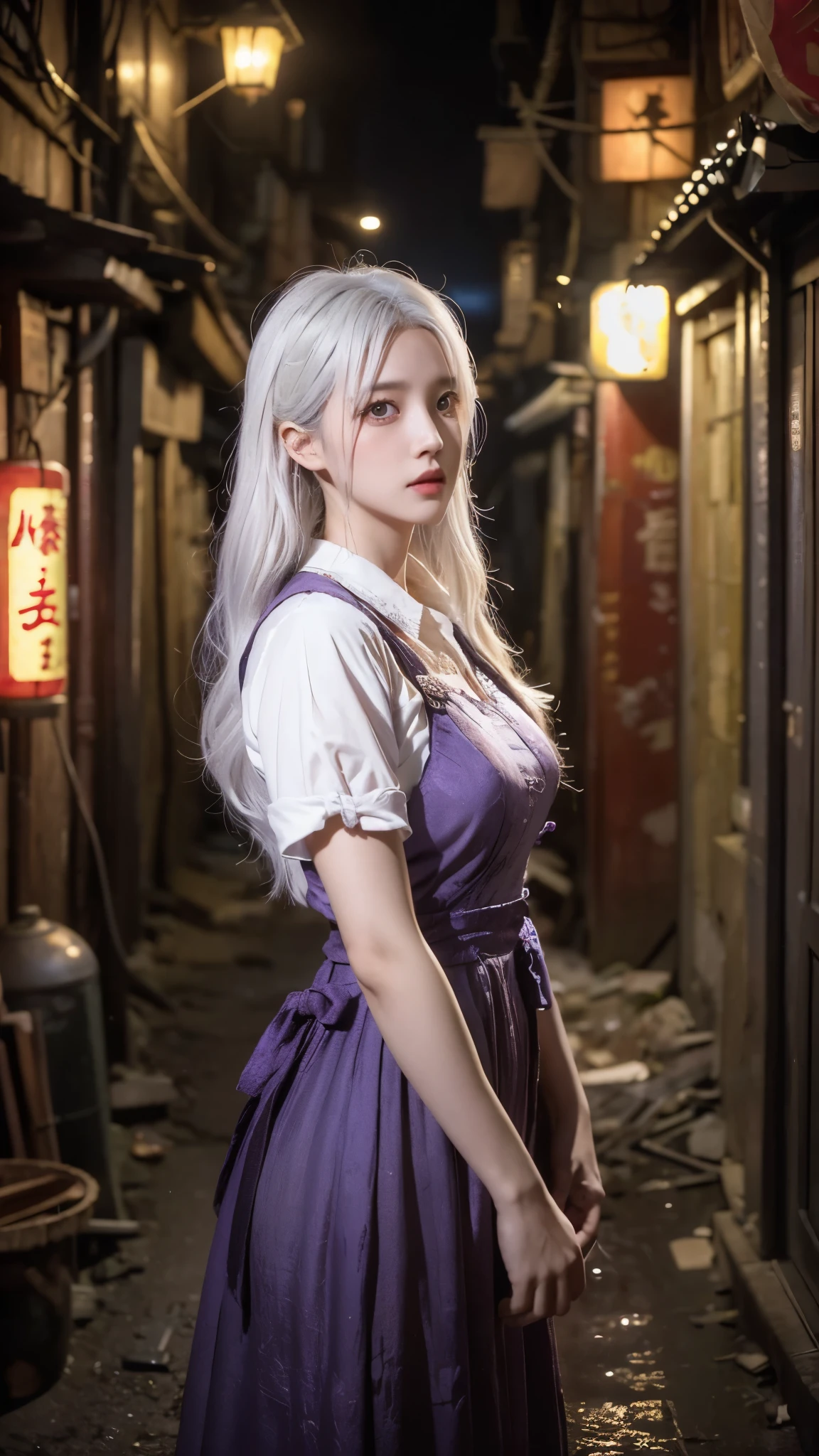 in kowloon city alley, a beautiful girl yodeling, subsurface scattering, Photorealistic, Hyperrealistic, analog style, realistic, film photography, soft lighting, photo, cinematography, high resolution, 8k, syndra, white hair, purple eyes, dark_sphere, night view, full moon