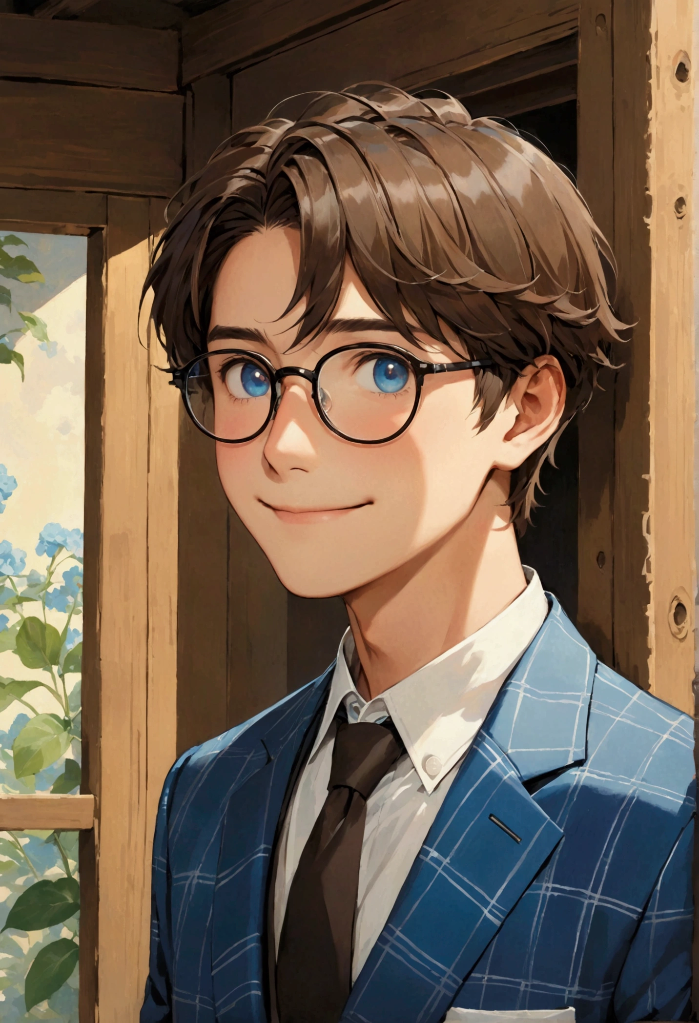#Uncle Ike #30tower #Face facing left #refreshingな満面のやさしい笑顔 #Looking slightly out of the corner of my eye #Hairstyle(a little brown hair、Short Hair、refreshing) #A cool blue checked suit #The background is warm #Black-rimmed glasses(The frame is fine) #The shirt is black #I'm happy、Happy smile
