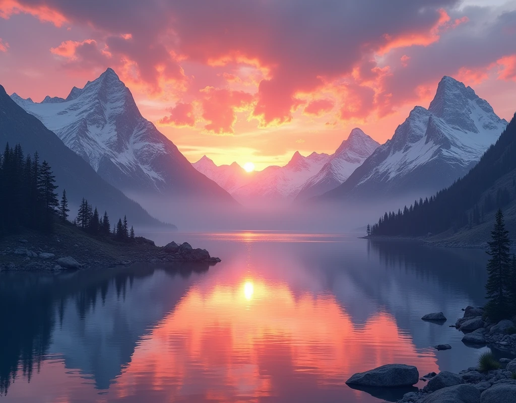sunset over the mountains and lac
