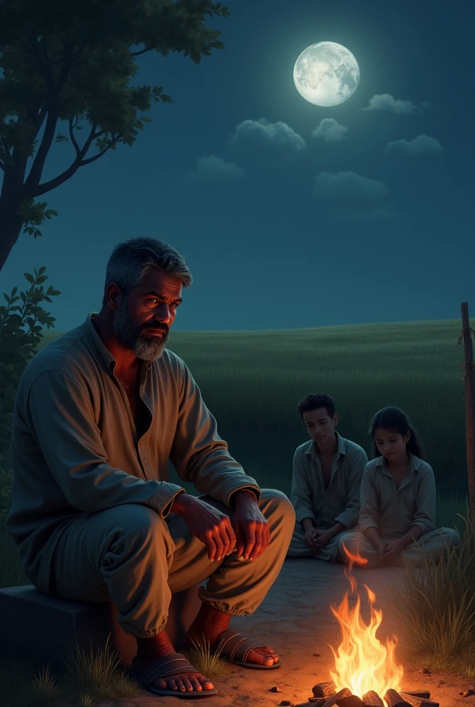 At night, Kishan sits by a small fire, deep in thought. His wife and children sleep peacefully nearby. The moonlight softly illuminates his worried face as he gazes at the fields outside, weighing the mysterious man's offer. The scene is quiet and introspective, with shadows and light creating a contemplative mood."