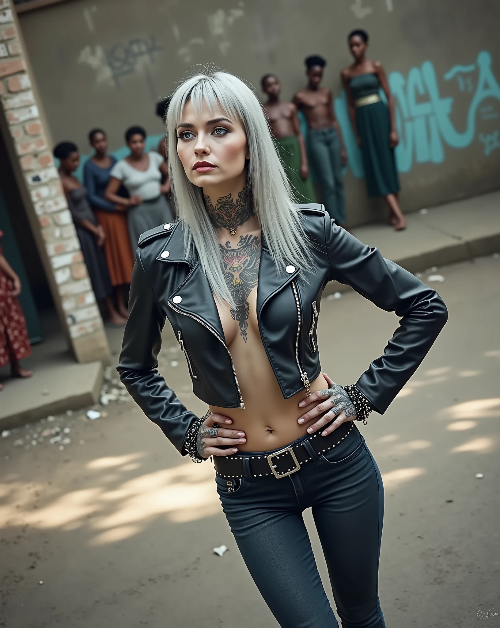 russian milf woman, grey hair (straight, middle part), with very light blue eyes, extremely pale skin. All neck tattooed. All stomach tattoed. All hands tattooed.Wearing cropped aged black moto jacket with lots of zippers and pins, flipped up collar.. Dark blue skinny jeans.. wide black studded belt. Leaning back on a graffitied brick wall with hands on her hips, looking up, chin up, stretching her neck , humble facial expression.. Listening with tilted head, looking up to somebody more clever speaking to her from the sky, upper teeth visible. Well toned abdominals, thin neck, slim legs and thin arms. Narrow hips. Dirt street in Kenyan village full of waste. Lots of silver bracelets. A lot of tanned fat women in traditional dresses around looking down at her