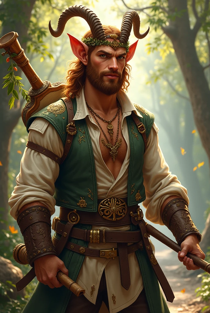 "A gallant and virile adult faun with small, refined horns that curve elegantly from his forehead. He has a jovial figure with a medium build, exuding both strength and warmth. His face, adorned with a well-kept goatee, carries a few scars that tell tales of past battles, adding to his rugged charm. His skin is sun-kissed, and his chestnut brown hair is thick and wavy, cascading around his shoulders with a few leaves and wildflowers interwoven. He has more scars scattered across his muscular yet medium-sized body, each one a mark of experience and resilience. He wears a finely tailored vest over a loose, open-necked shirt, decorated with intricate patterns of vines and musical notes in rich, golden thread. A beautifully crafted lute rests on his back, and he holds a well-worn wooden flute in his hand, symbolizing his deep passion for music. His presence is confident and inviting, with a natural air of charisma, while the surrounding air hums with a lively melody that reflects his skill as a bard and his joyful yet battle-hardened connection to the world around him."









