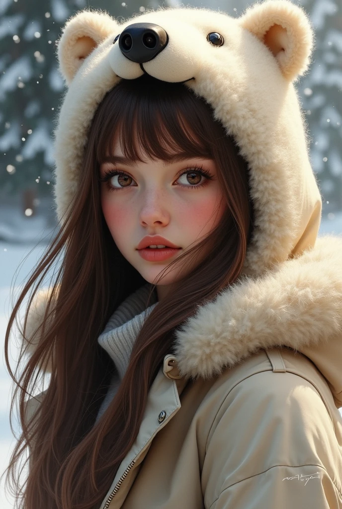 Long brown hair with bangs and a polar bear hood
