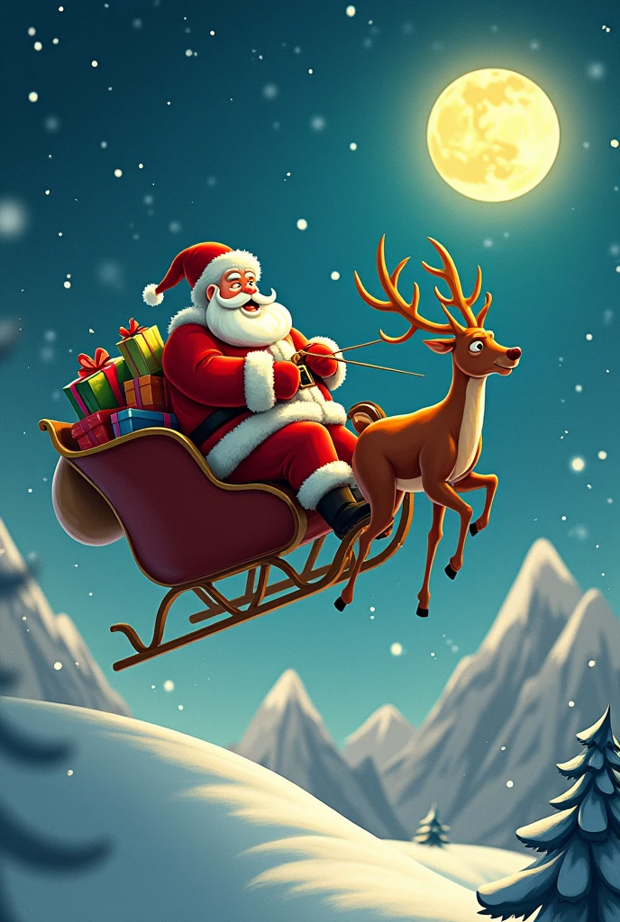 Santa Claus on the sleigh, but the reindeer can't bear the weight(the weight of Santa Claus)