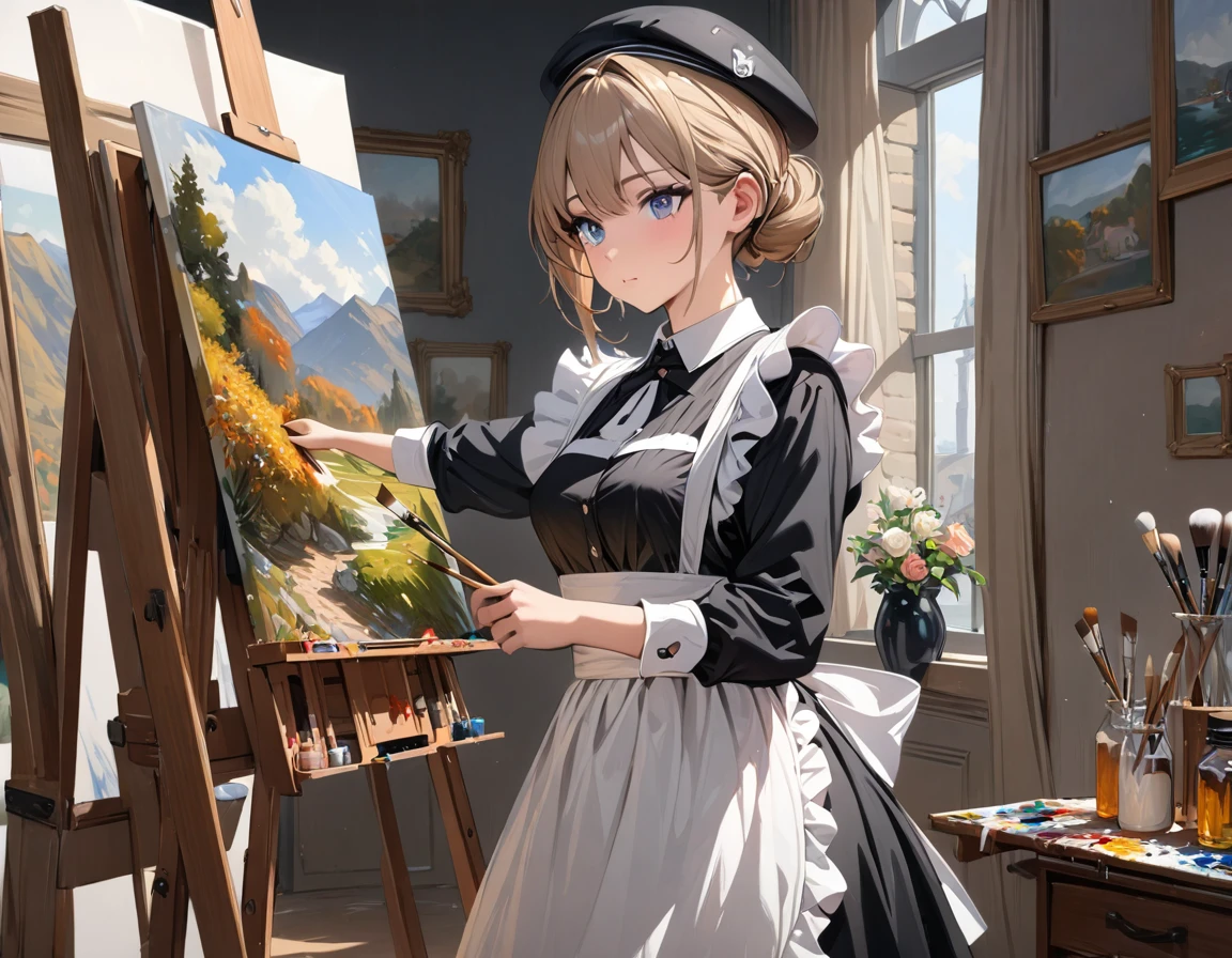 ((masterpiece)), ((best quality)), perfect detailed eyes, perfect detailed face, A girl wearing a maid's uniform painting an oil painting, (1 Easel) , (1 canvas), Paintbrush, oil paints, Artist, maid painting a still life, Wearing a beret