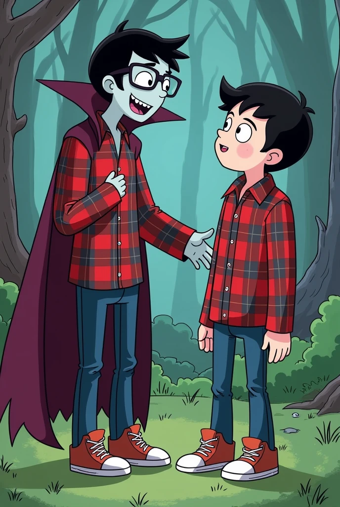 Artstyle in the show adventure time a boy with glasses and hanging out with Marshall Lee the vampire king in adventure time Marshall Lee has a slim body, an average height, black hair, and light gray skin. He has a matching permanent bite mark like Marceline's which shows he is a vampire. In Fionna and Cake and Bad , he is seen wearing a red plaid shirt with gray stripes, dark blue jeans, and brownish-red and white sneakers. Like Marceline, his physical appearance is that of a typical late teenager or a young adult, but he appears to be a little shorter than her. Also like Marceline, he looks about the age of 18.