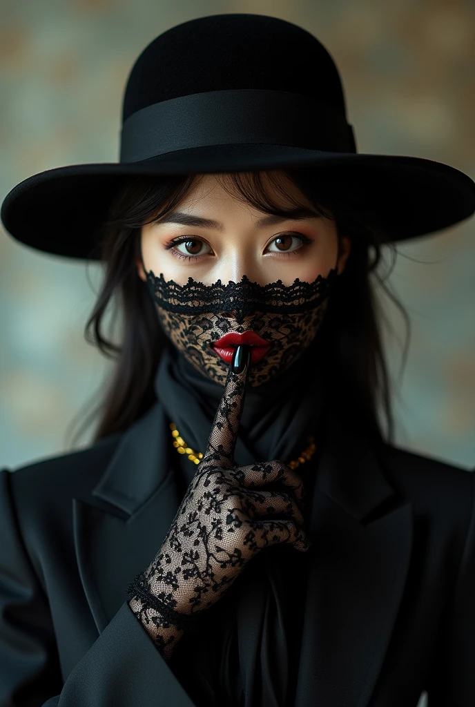 A Japanese woman in her 40s wearing a full-head black lace mask that covers her mouth and nose, with only the eyes cut out.、Long black lace gloves、Black Suit、Elegant wide brim black hat、Putting a finger to the lips、Black and gold scarf