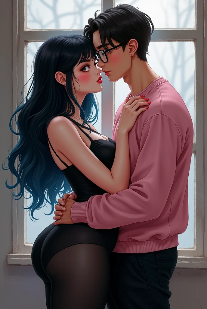Couple of boyfriends, she is gothic with a curvy body, big cheeks, big butt, black hair with blue and big brown eyes, clear skin, He has straight hair combed up and small rectangular glasses and a wide nose and a pink sweatshirt and black pants.