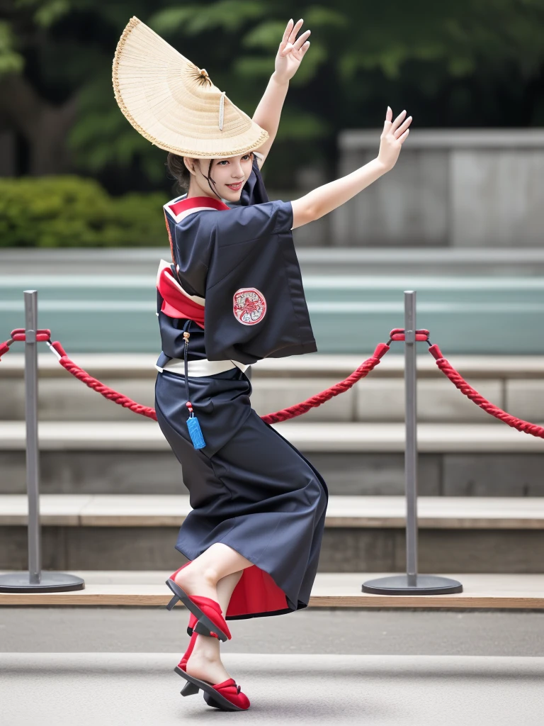 Photo-realistic quality、A woman wearing an Awa Odori dance costume is dancing in the park,A kimono with a white base、White Arms、Black wooden clogs、White tabi socks、Japanese traditional kimono, Cute playful pose, Cute smile、A soft and gentle look、Face turned sideways
