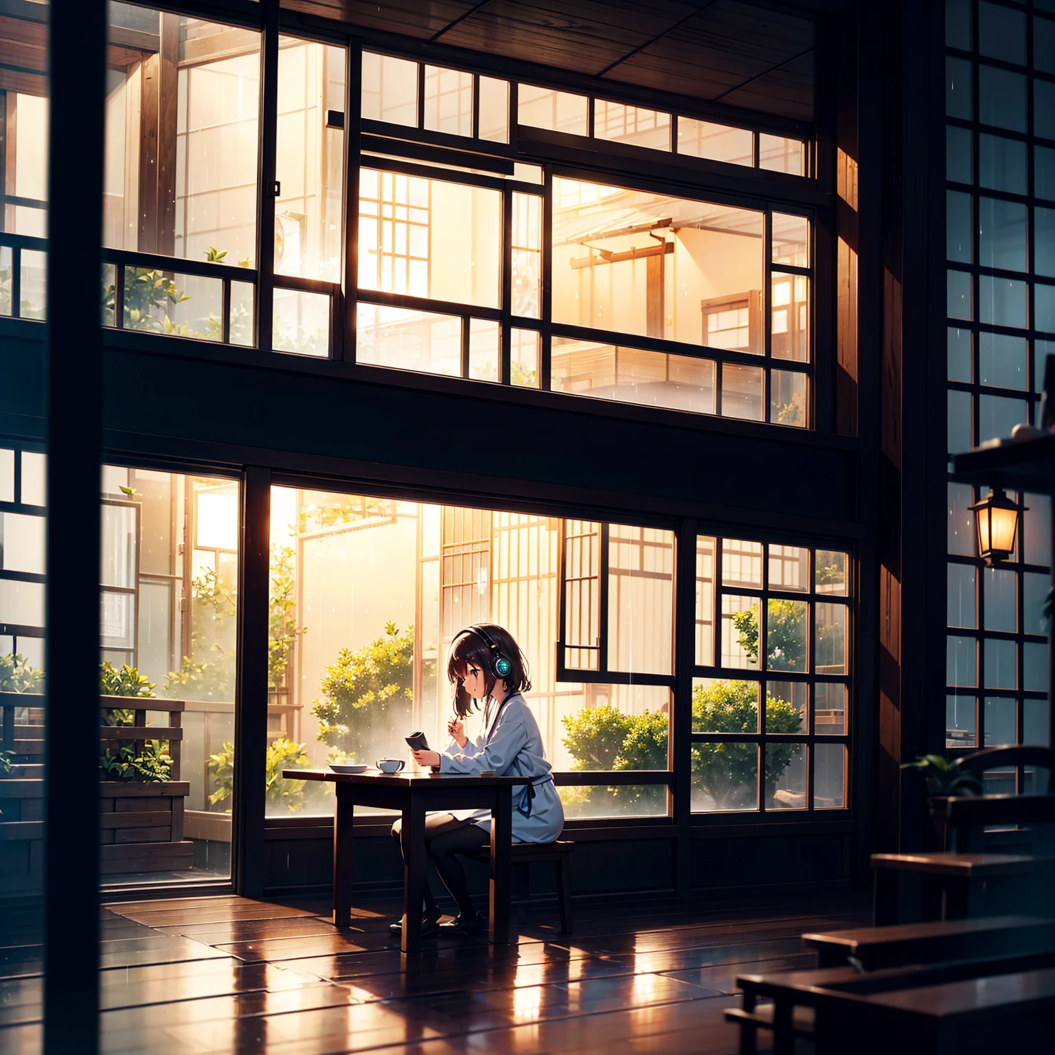 Describe a cozy little cafe seen from the outside at night, with soft lights and a peaceful atmosphere. In the background, a young japanese woman is sitting by the window, listening to lofi music with you full of light over ear headphones, while drinking a coffee and reading a book. Gentle rain falls outside, the drops hitting the windows creating a feeling of peace and relaxation. A cozy café glows softly at night, exuding a peaceful atmosphere. A young Japanese woman sits by the window, immersed in lofi music through her bright headphones, sipping coffee while reading a book. Gentle rain taps against the glass, enhancing the calming ambiance. -niji 6 --aspect 1:1 --stylize 1536x1536--quality 1 --chaos 0y Greg Rutkowski,