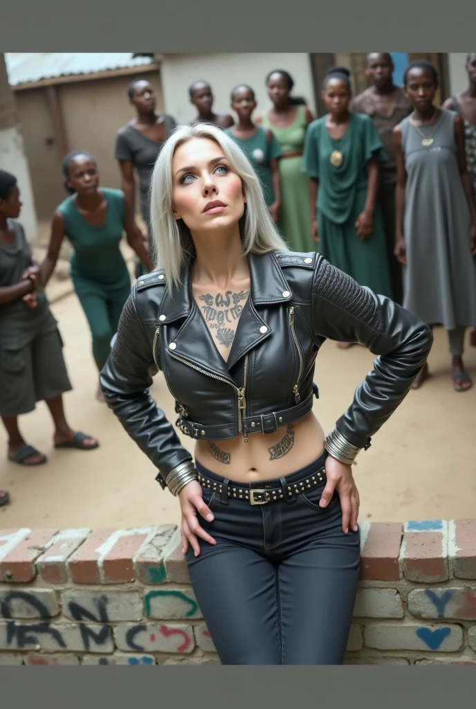 russian milf woman, grey hair (straight, middle part), with very light blue eyes, extremely pale skin. All neck tattooed. All stomach tattoed. All hands tattooed.Wearing cropped aged black moto jacket with lots of zippers and pins, flipped up collar.. Dark blue skinny jeans.. wide black studded belt. Leaning back on a graffitied brick wall with hands on her hips, looking up, chin up, stretching her neck , humble facial expression.. Listening with tilted head, looking up to somebody more clever speaking to her from the sky, upper teeth visible. Well toned abdominals, thin neck, slim legs and thin arms. Narrow hips. Dirt street in Kenyan village full of waste. Lots of silver bracelets. A lot of tanned fat women in traditional dresses around looking down at her