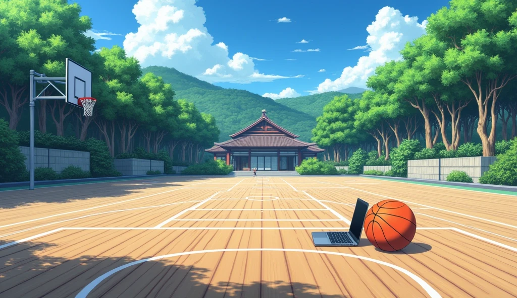 a Japanese outdoor school basketball court. the floor is wooden, the court is empty without any people; there is one basketball ball and a laptop on the floor, basketball ball correct size, masterpiece, super detailed. image taken from up, anime art