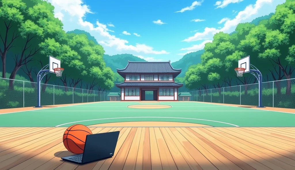 a Japanese outdoor school basketball court. the floor is wooden, the court is empty without any people; there is one basketball ball and a laptop on the floor, basketball ball correct size, masterpiece, super detailed. image taken from up, anime art