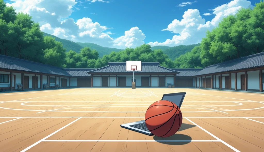 a Japanese outdoor school basketball court. the floor is wooden, the court is empty without any people; there is one basketball ball and a laptop on the floor, basketball ball correct size, masterpiece, super detailed. image taken from up, anime art