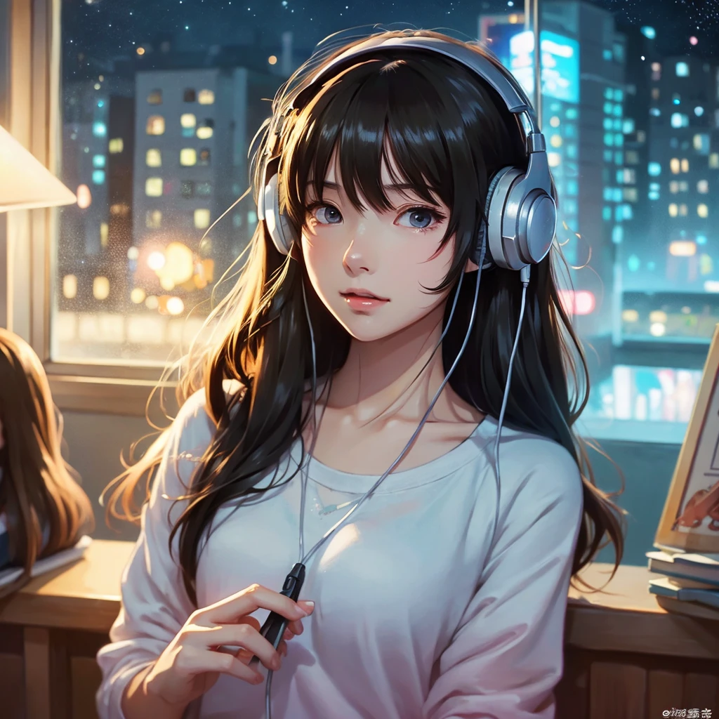 high resolution、beautiful girl、1people、anime、An illustration、headphone、Barely、night、Room、Focus on your studies!、The eyes are on the notebook!、窓からnight空が見えるよ!