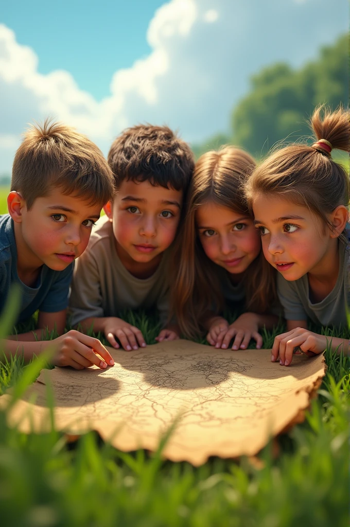 **Prompt**: A close-up of a group of children discovering an ancient, torn map in a grassy field, with excitement on their faces.