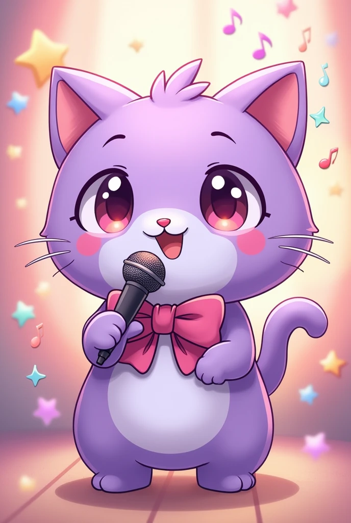 Make cute purple singing cat cartoon with mic.  Make it look like kuromi wearing bow