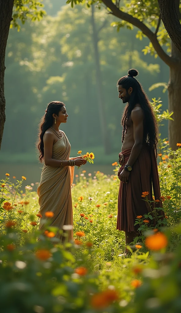 The Seed of Arrogance

Setting:
A lush forest near Panchavati. Sita, dressed in simple attire, is seen picking flowers, her face serene and peaceful.

Action:
Ravana, disguised as a wandering sage, approaches Sita with a cunning smile. He admires her from a distance before stepping closer.

Dialogue:
Ravana (in disguise, softly): “O virtuous lady, accept my hospitality and come with me to my golden city, Lanka.”

Sita (politely declining): “I am devoted to my husband, Lord Rama. I cannot leave.”

Action:
Ravana’s smile fades, and his face hardens as he reveals his true identity, grabbing Sita and forcing her into his chariot despite her struggles.

Dialogue:
Ravana (arrogantly): “Your Rama is no match for me. Soon, you will know the grandeur of my palace and the futility of defying me.”
