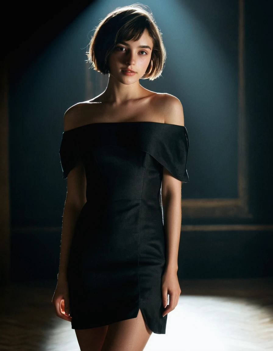 Best quality, masterpiece, ultra high res, (photorealistic:1.5), raw photo, 1girl, offshoulder, in the dark, deep shadow, low key, cold light, sexy look, short hair, longdress