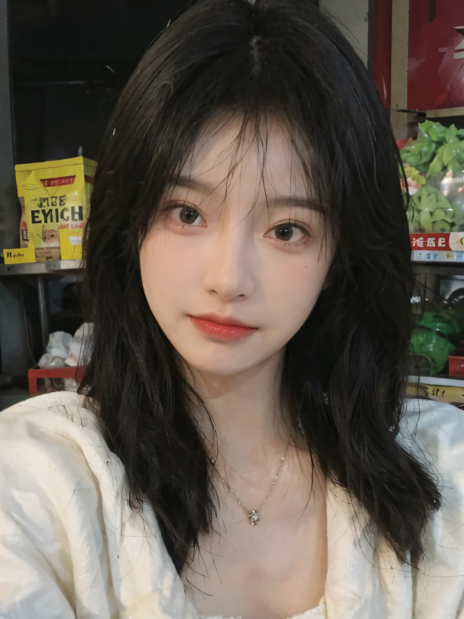 Best quality,Ultra-high resolution,(Realism:1.4),cute,cute发夹,girll,Cropped black sweater,Look directly at the audience,Full of atmosphere,Beautiful woman with a slim figure:1.4,supermarket,whole body,Super delicate face,Exquisite eyes,Double eyelids,necklace