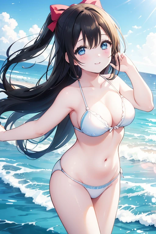 (Highest quality、Masterpiece ∶1.2)One Girl、alone、アニメ、アニメScreencap、Ray Tracing、Global Illumination、ultra hi resolution picture、Bright colors、Cinematic Light、Lens flare、Light on the face、Glowing Eyes、Depth of written boundary、Detailed Background、cute、Straight、smile、View your viewers、Outdoor、Sandy Beach、Ocean、Clear skies、Osaka Sizuku、Long Hair、Red hair ribbon、Blue eyes、Black Hair、Straight hair、Nijigasaki University、Light blue bikini、Blow a kiss with your right hand、whole body、Big Breasts