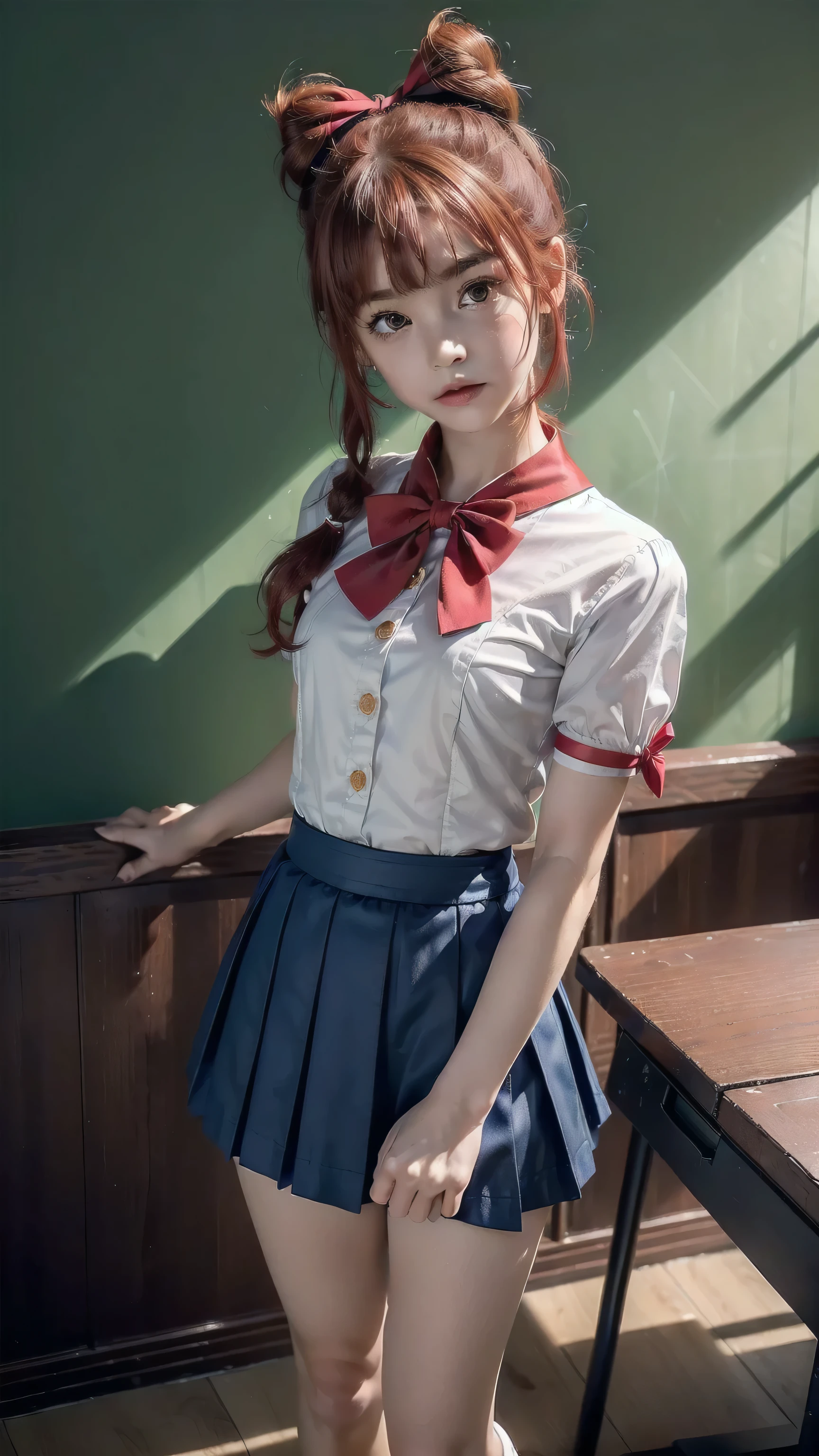 ((top quality, ultra-detailed, high resolution, extremely detailed CG, unity 8k wallpaper, by famous artist, perfect anatomy, super detailed skin, cinematic lighting, UHD, retina, anatomically correct, 1080P)), (Please draw a single one happy girl walking in a classroom school :1.3), ((1girl)), (Solo, face,:2.0), a junior high school student, ((cute petit girl, chibi, babyface)) androgynous charm, (Medium hair, ((full red hair)) ((redhead)), pigtails, straight bangs, with a bow in her hair, ((very thin legs)), ((skinny legs, thin body, small build)), Full limbs, complete fingers, ((perfect fingers and hands)), flat chest, small breasts, childish body, small butt, groin, Beautiful detailed full yellow gold eyes, perfect eyes, sailor school uniform, ((blue skirt)) and white blouse, ((red bow on the blouse:1.3)), blue sailor collar, short sleeves, stockings, socks outlined with black stripe, shoes, (Detailed Lighting), ((classroom background)), (Detailed scenary background), ((in the school zone)), full body view, ((standing)), legs. Cute, kawaii single girl (one girl), full body shot. ((Background is the school)), front body, ((little young  body:1.3)), ((A natural, correctly proportioned hands)), ((Straight bangs cut just to the eyebrows, perfectly aligned and not moving to the side:1.3))