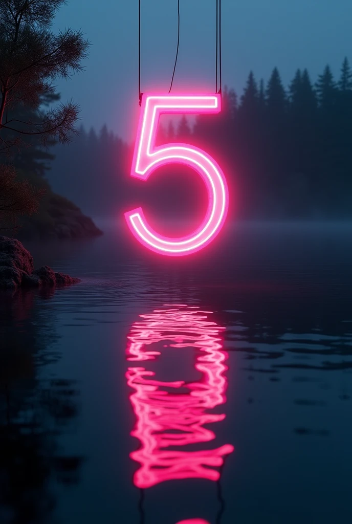 A Text of "5" glowing neon text, lake, reflection in water, dramatic lighting, photorealistic, highly detailed, 8k, HDR, studio lighting, physically-based rendering, vibrant colors, hyper-realistic, cinematic, moody atmosphere, dramatic shadows, volumetric lighting, depth of field, crystal clear details