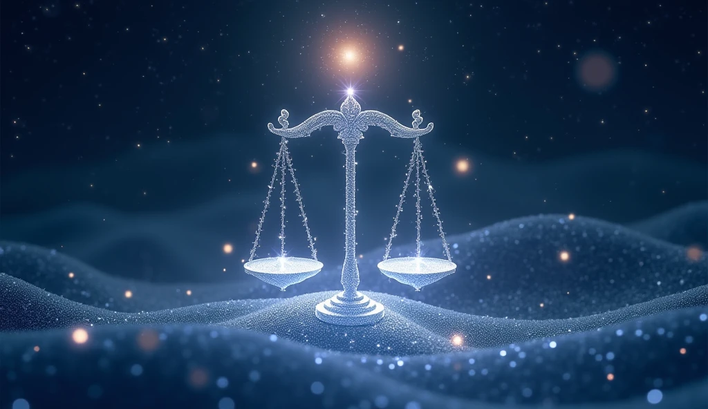 A harmonious starry sky depicting elegant scales made of shimmering stars. The night is calm, with celestial beams of light radiating from the scales, while the Libra constellation glows beautifully above.