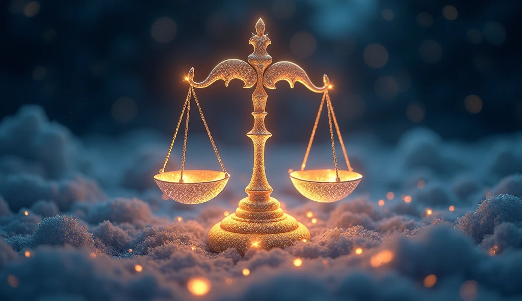 A harmonious starry sky depicting elegant scales made of shimmering stars. The night is calm, with celestial beams of light radiating from the scales, while the Libra constellation glows beautifully above.