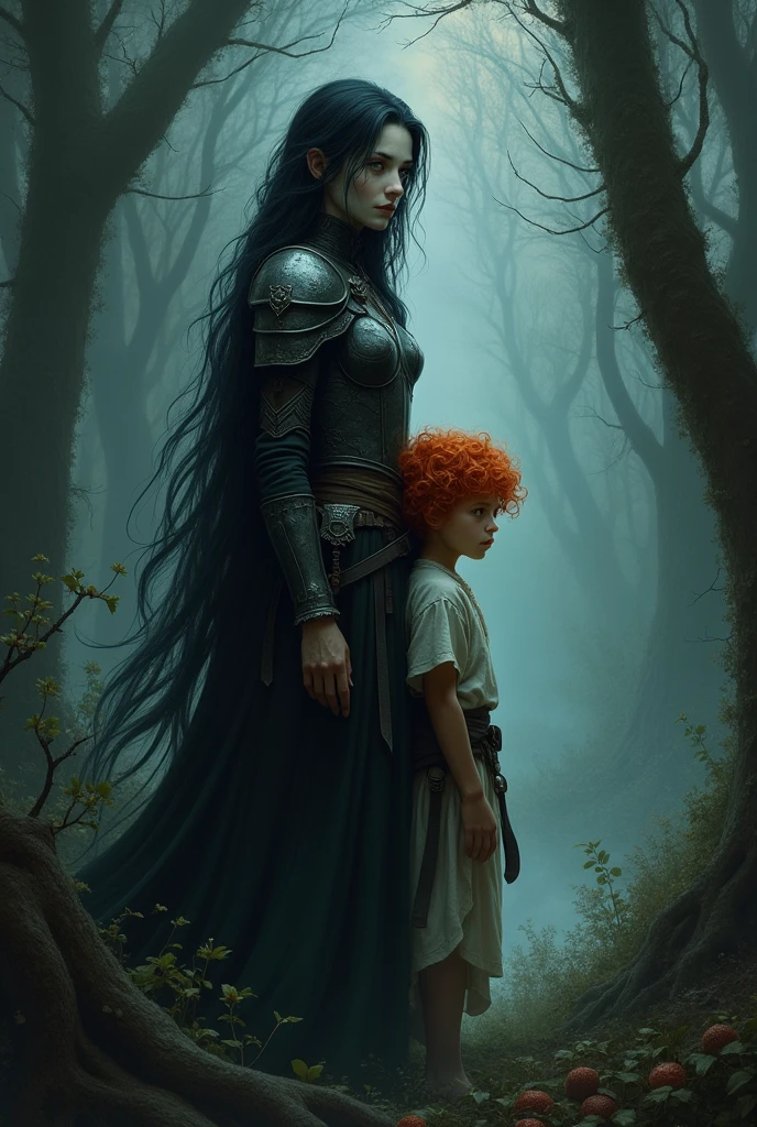 In a dark forest, A warrior woman, with very long black hair and white skin. Behind her, there is a boy child, with curly red hair and white skin.