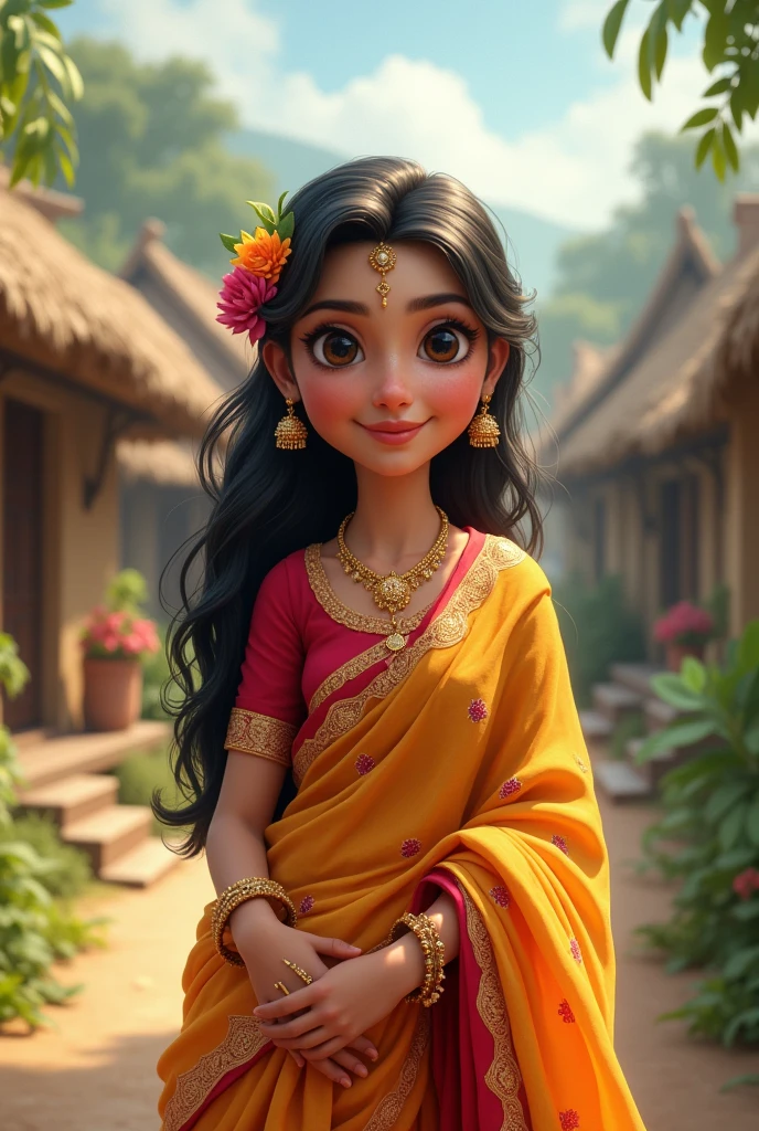 Indian cute girl wearing a traditional saree villages style background and she wearing a gold necklace and earrings