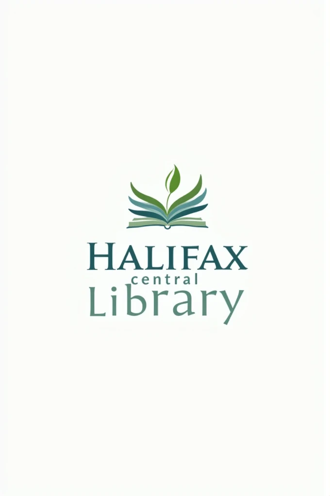 Create a flat vector, illustrative-style wordmark logo design for a library named 'Halifax Central Library', where 'Halifax' is in bold uppercase with 'Central Library' in a lighter font underneath. The 'H' in 'Halifax' can be stylized to resemble an open book, symbolizing knowledge and education. Use a calming blue and green color palette to evoke trust and growth against a white background. Do not show any realistic photo detail shading.