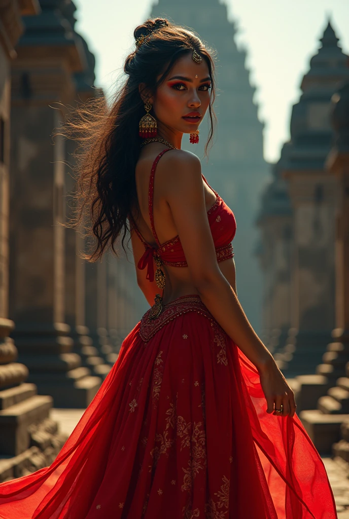 Lilith en danseuse indienne avec des vêtements rouge et du maquillage avec des yeux brun au reflet rouge près des temples Hindous image réel sombre