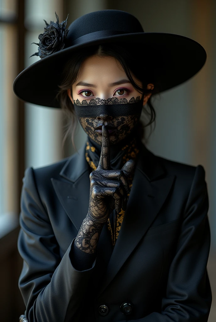 A Japanese woman in her 40s wearing a full-head black lace mask that covers her mouth and nose, with only the eyes cut out.、Long black lace gloves、Black Suit、Elegant wide brim black hat、Putting a finger to the lips、Black and gold scarf、A Japanese woman with heavy purple eyeshadow