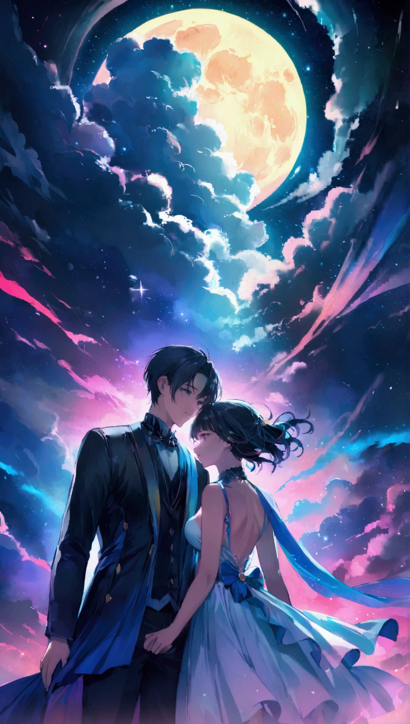 Dream colors,masterpiece,detailed,Starry sky background,cloud,Light and shadow effects,Movie Effects,colorful,Young couple,Full moon night