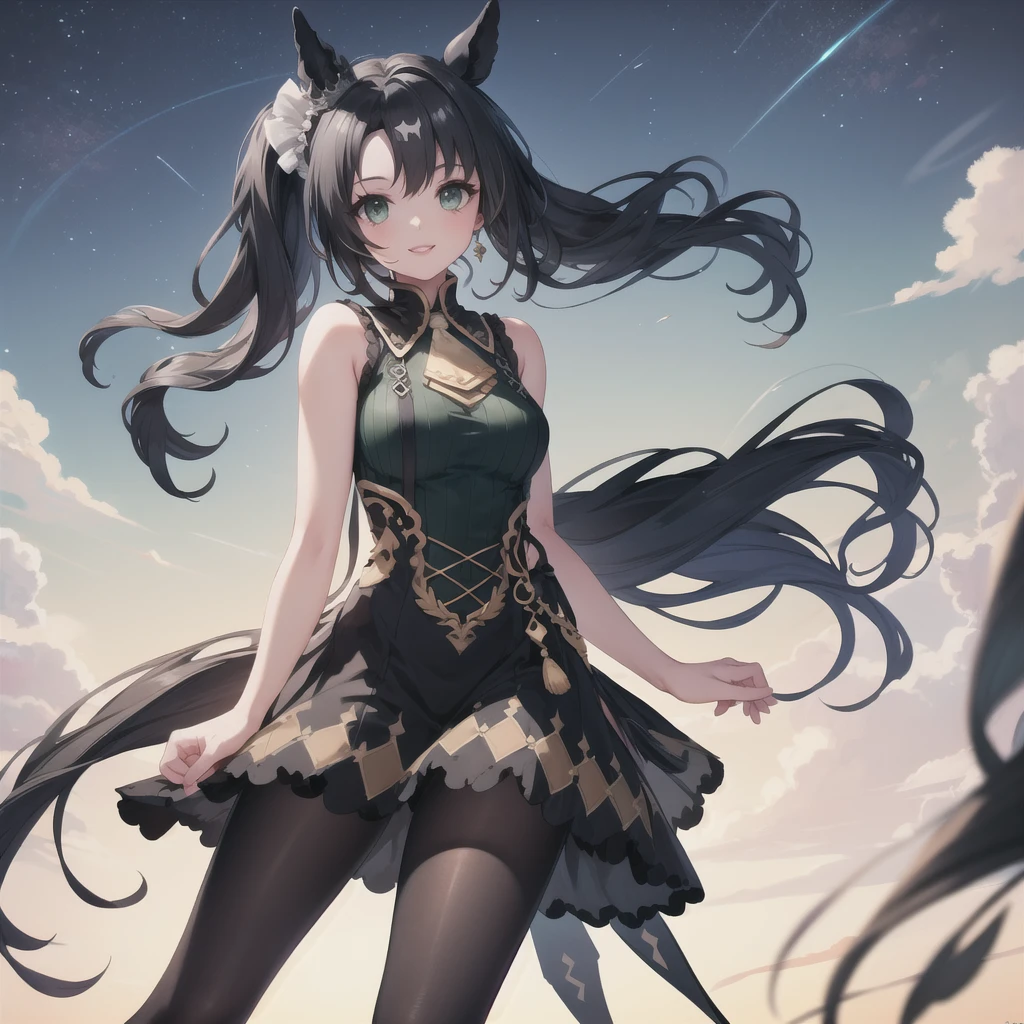 Highest quality、Highest quality、Highest Resolution、masterpiece、Anime Drawing、solo、1 person。green shoulderless long knit。pantyhose。lipstick、smile。Glamorous Body、Beautiful breasts、Touch your head with your hand、Active Posing。Black Hair、Long Hair、ponytail。Lots of hair ornaments。Beautiful child with horse ears。Night Sky、Strong winds、Chest centered。