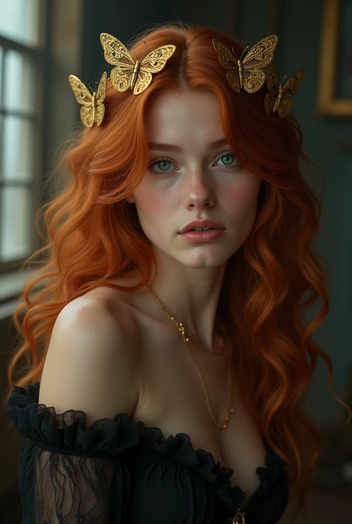 (solo, full body photo:1.3), (action packed:1.3), (haze, fog, mist:1.3), chiaroscuro, best quality, photorealistic, 1woman, (cute), (24yo:1.2), redhead, long ginger hair highly detailed, 1700'S, digital photography, art by artgerm and ruan jia and greg rutkowski surreal painting gold butterfly filigree, broken glass, (masterpiece, sidelighting, finely detailed Fashionable eyes: 1.2) (perfect oval large eyes that gazes at the viewer), beautiful detailed face, blue gorgeous perfect eyes, (blonde hair ponytail), (attractive young woman:1.3), (thick amazing hair), (seductive:1.1), (blushing:1.1)