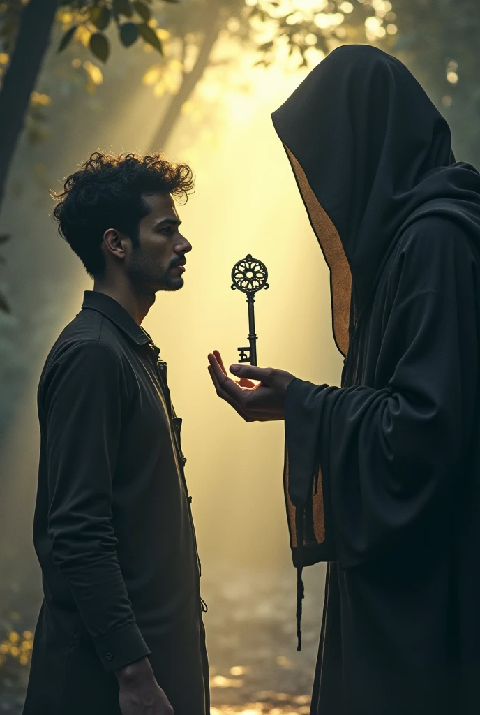In the early morning light, Kishan walks toward the spot where he first met the mysterious man. The man stands waiting, his face partially obscured by shadows, holding a small, ancient-looking key in his hand. Kishan reaches out to accept the key, his expression a mix of resolve and uncertainty."