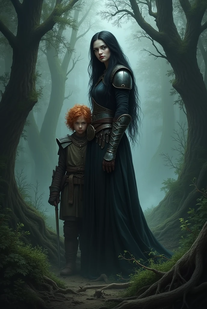 In a dark forest, A warrior woman, with very long black hair and white skin. Behind her, there is a boy child, with curly red hair and white skin.