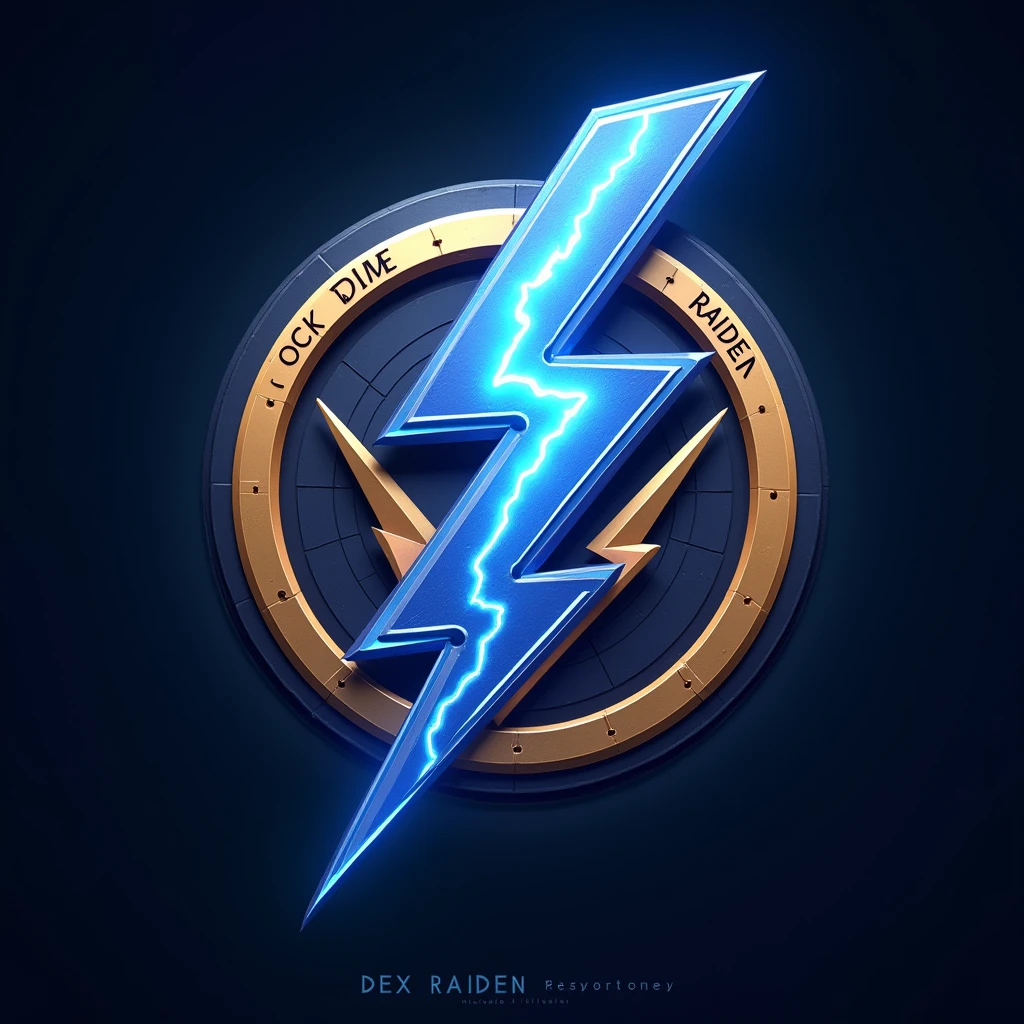 Cryptocurrency With the Name "ROCK OR DIE" and lightning in the middle in blue and gold colors Add the name dex Raiden in the image Add a large lightning bolt